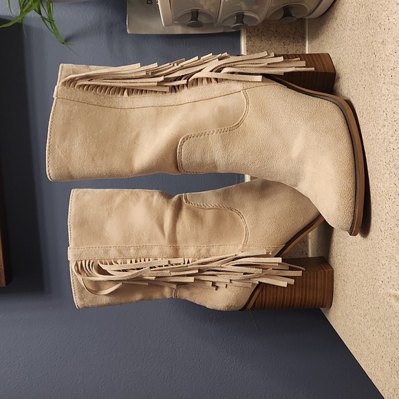 Beige Fringe Suede Boots - Picture 2 of 11